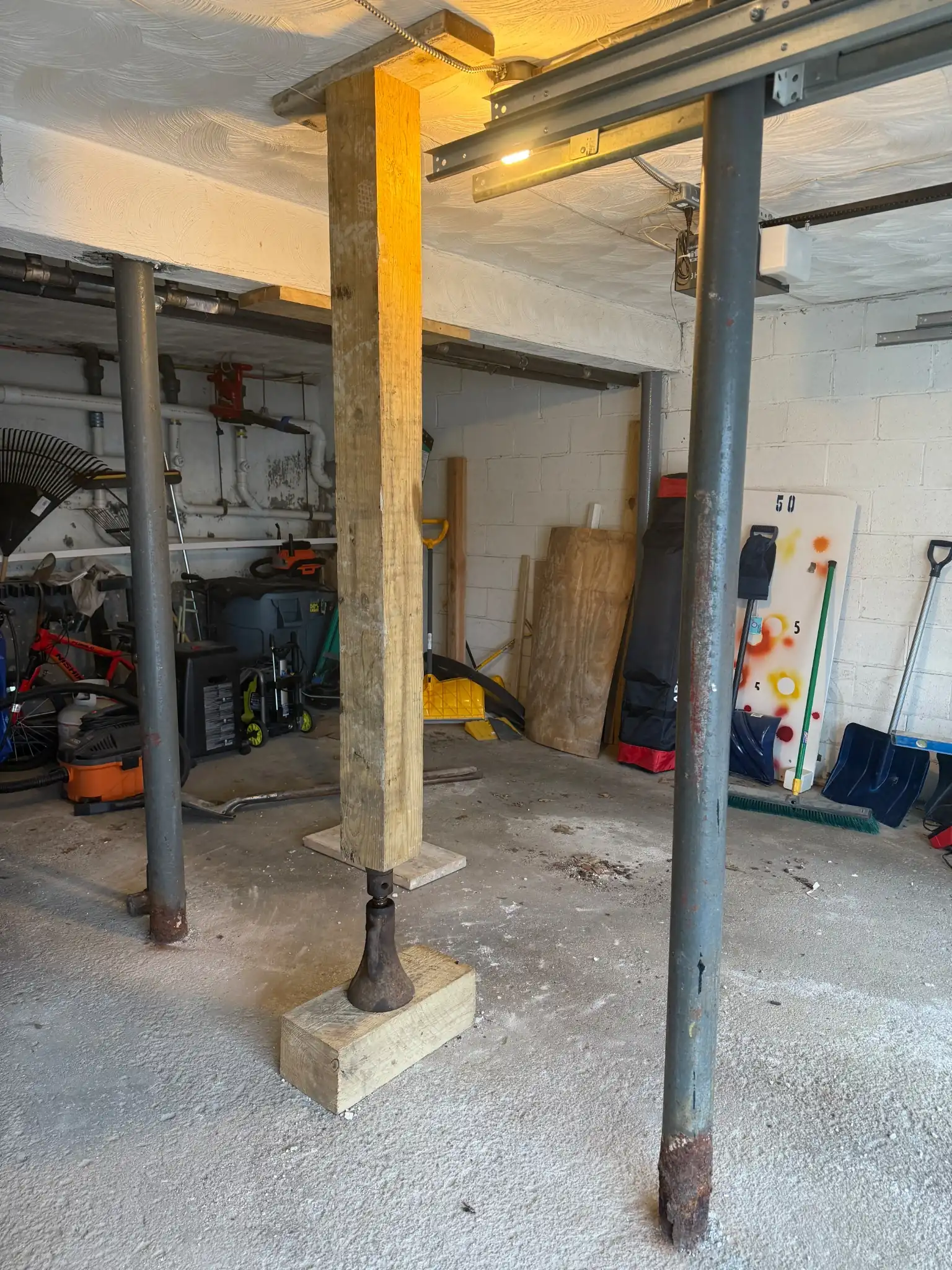 Temporary structural support and deteriorated post prior to Lally column replacement in a Massachusetts home.