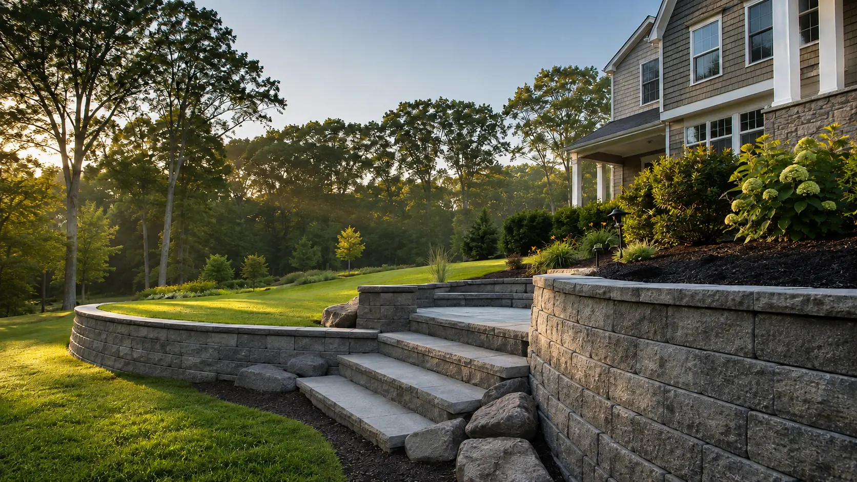 Terraced retaining wall and stone steps built by Goodwood General Construction